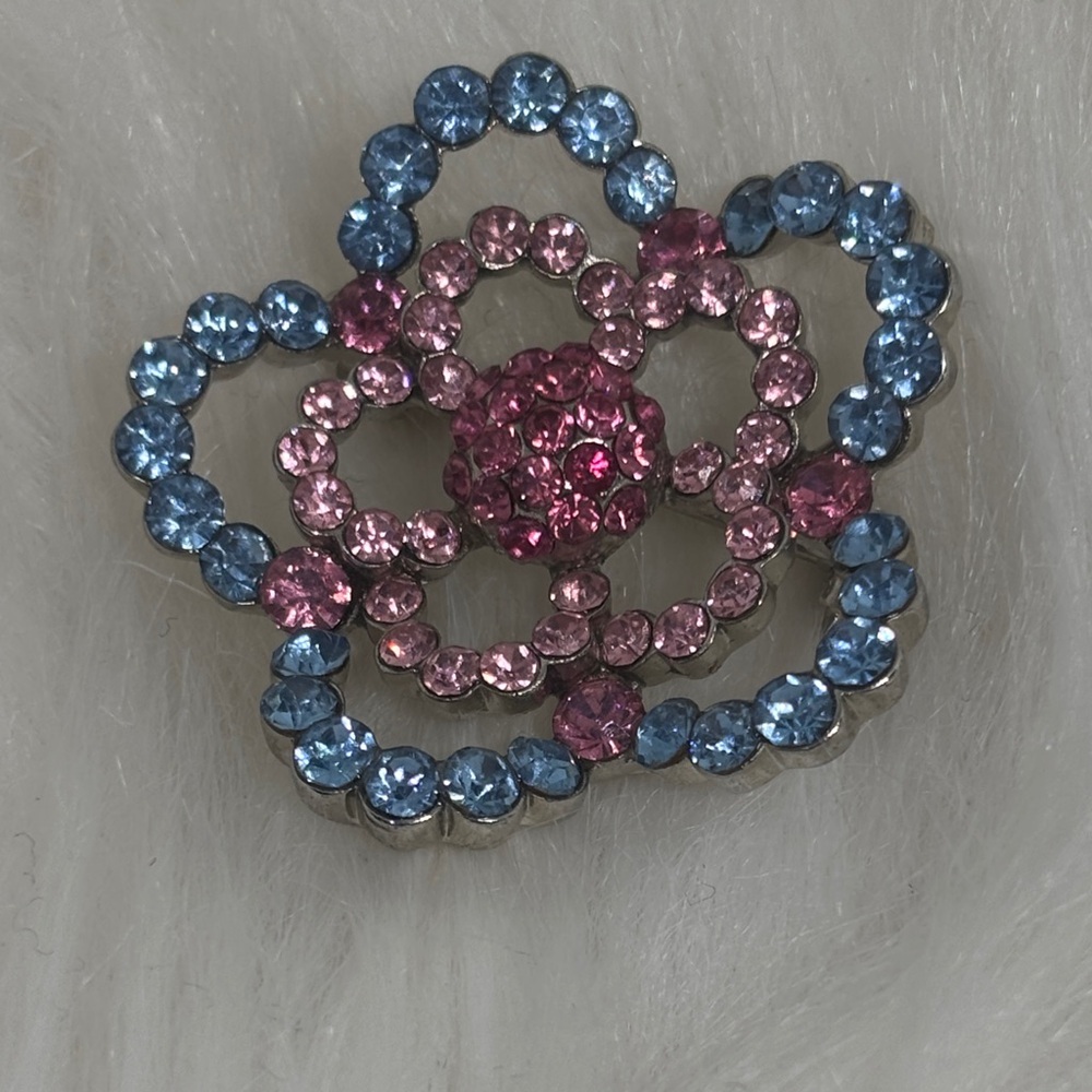 Vintage Blue and Pink Rhinestone Flower Brooch